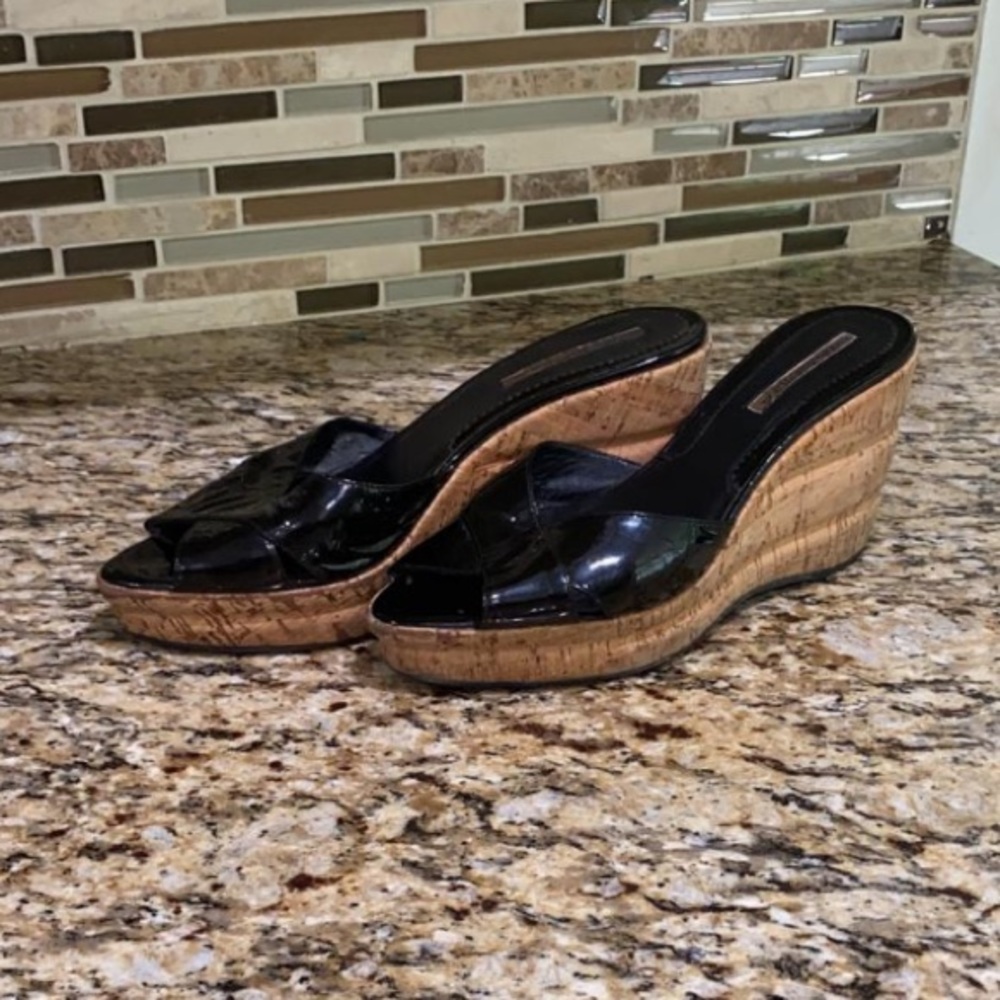 Via Spiga black patent wedges